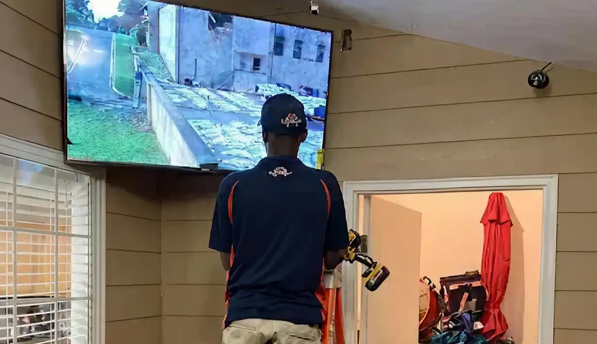 A technician in a navy blue polo shirt standing on a ladder and using a power drill to install a large flat-screen TV on a wood-paneled wall.